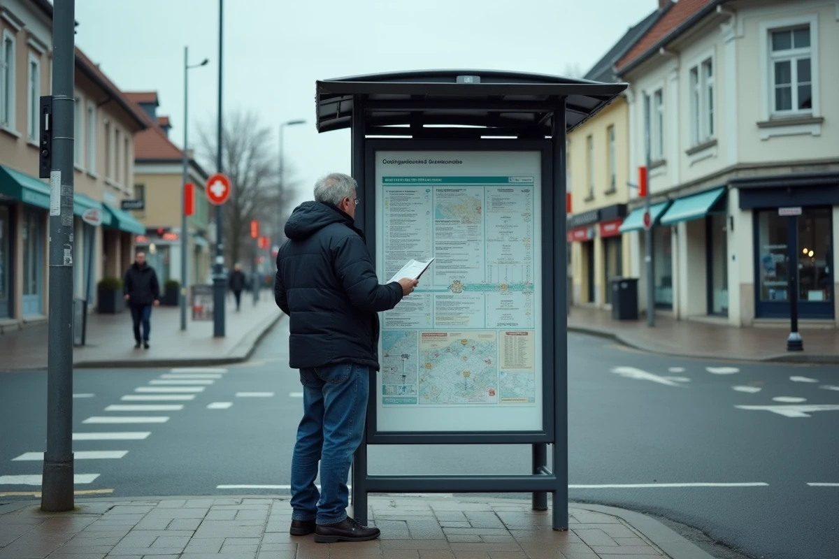 Arrêt de bus proche de la zone commerciale de Pilou à Givors avec plan de transport en commun