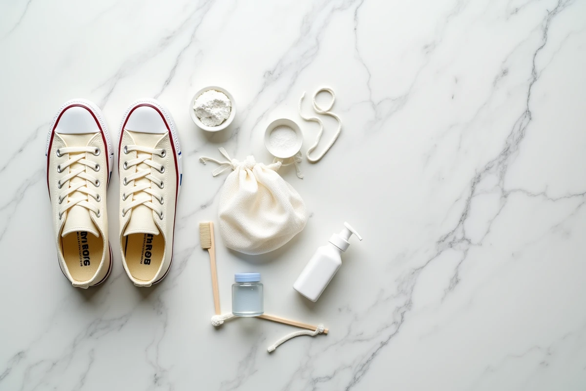 Vue de dessus de tous les accessoires nécessaires pour préparer et laver des Converse en machine à laver correctement