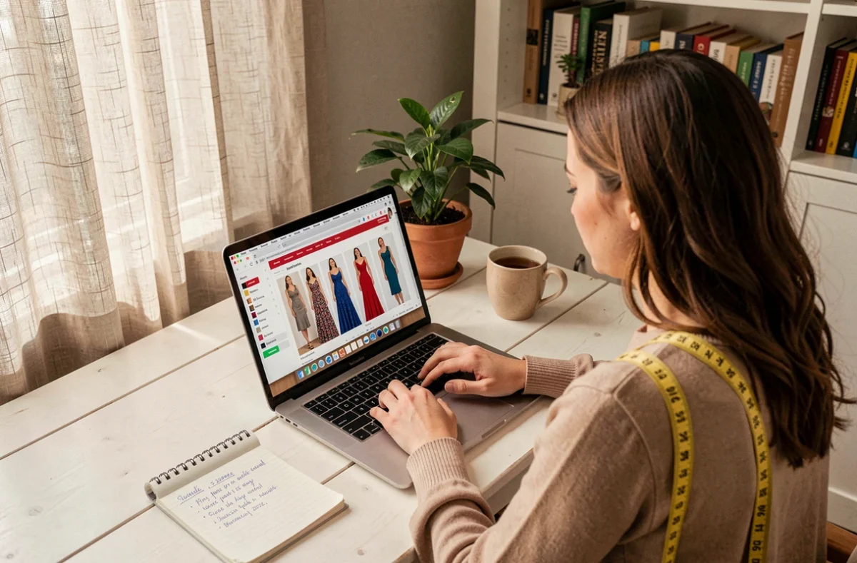 Femme consultant des boutiques en ligne pour acheter une robe du Nouvel An 2026, avec guide de tailles et ordinateur portable