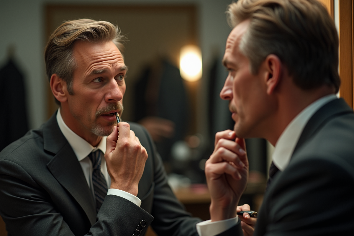 Acteur se retouchant les lèvres devant un miroir de scène