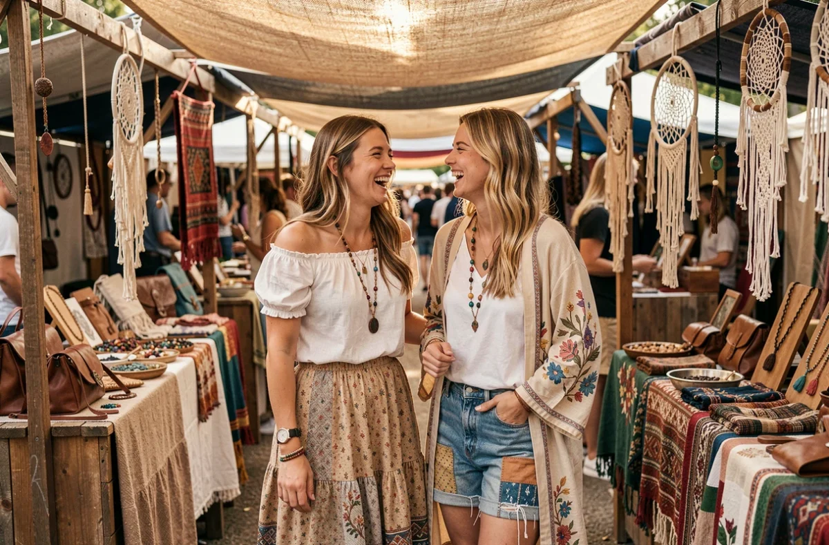 Deux femmes en tenue hippie chic riant dans un marché artisanal en plein air, style bohème coloré et festif