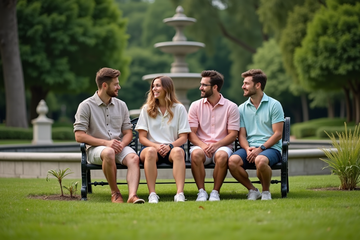 Groupe d amis en tenue preppy dans un jardin chic
