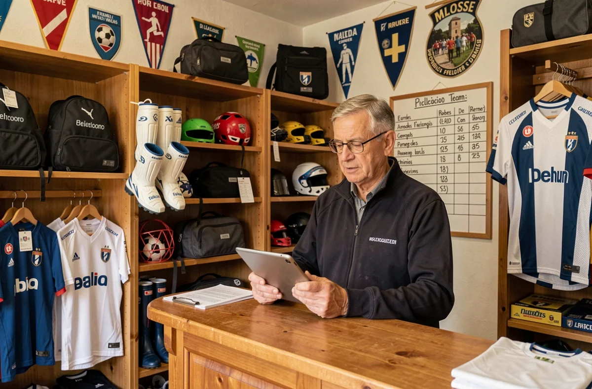 Propriétaire de la boutique spécialisée APCOM Nangis derrière son comptoir entouré d'équipements sportifs et de maillots d'équipe