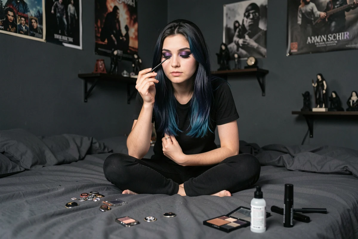Jeune femme appliquant un eye-liner emo précis dans sa chambre décorée de posters de groupes, avec une palette de maquillage sombre au premier plan
