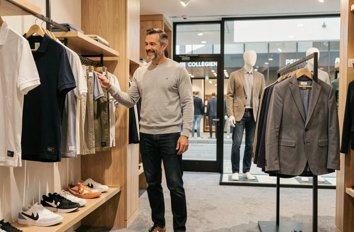 Client élégant parcourant les polos et vêtements sportswear homme chez Armand Thiery Collégien en Seine-et-Marne