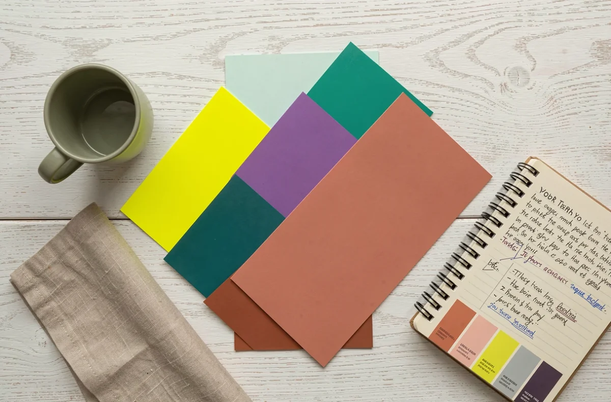 Flat-lay d'échantillons de peinture autour du vert d'eau illustrant les erreurs d'association de couleurs