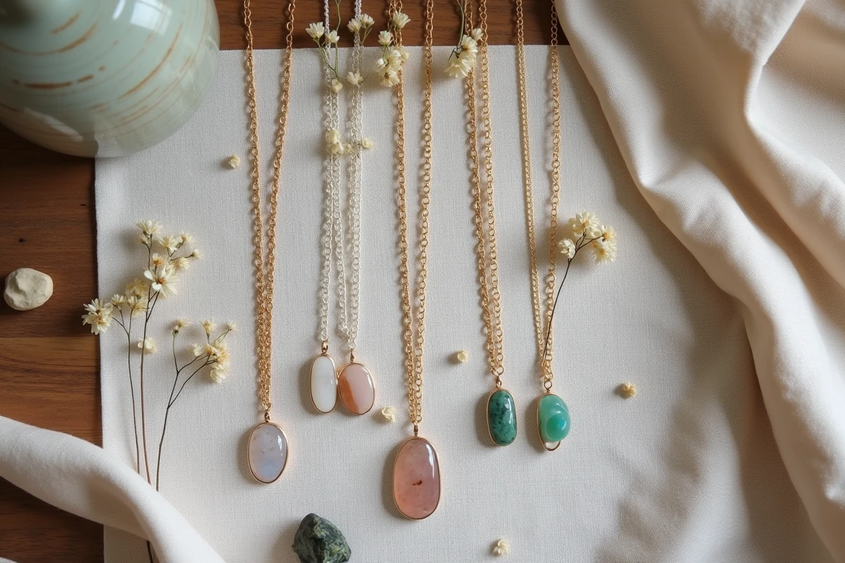 Assortiment de colliers bohèmes ras de cou avec pierres naturelles variées et chaînes fines en vue à plat