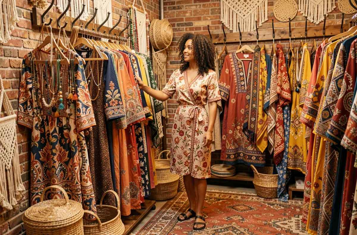 Intérieur bohème et coloré de Babylone Bazaar avec robes imprimées et accessoires artisanaux
