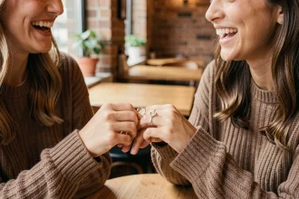Deux amies échangeant des bagues cœur amitié en argent dans un café cosy, symbole de promesse éternelle entre meilleures amies