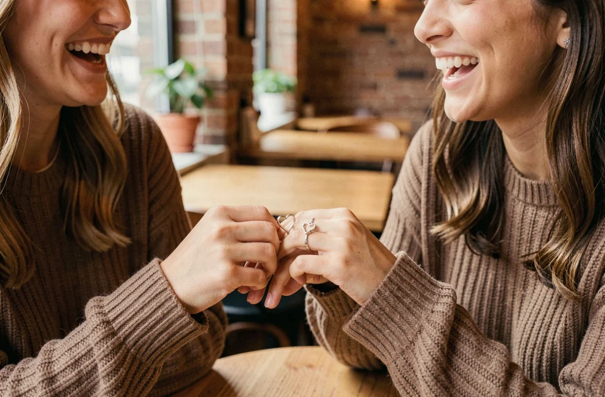 Deux amies échangeant des bagues cœur amitié en argent dans un café cosy, symbole de promesse éternelle entre meilleures amies