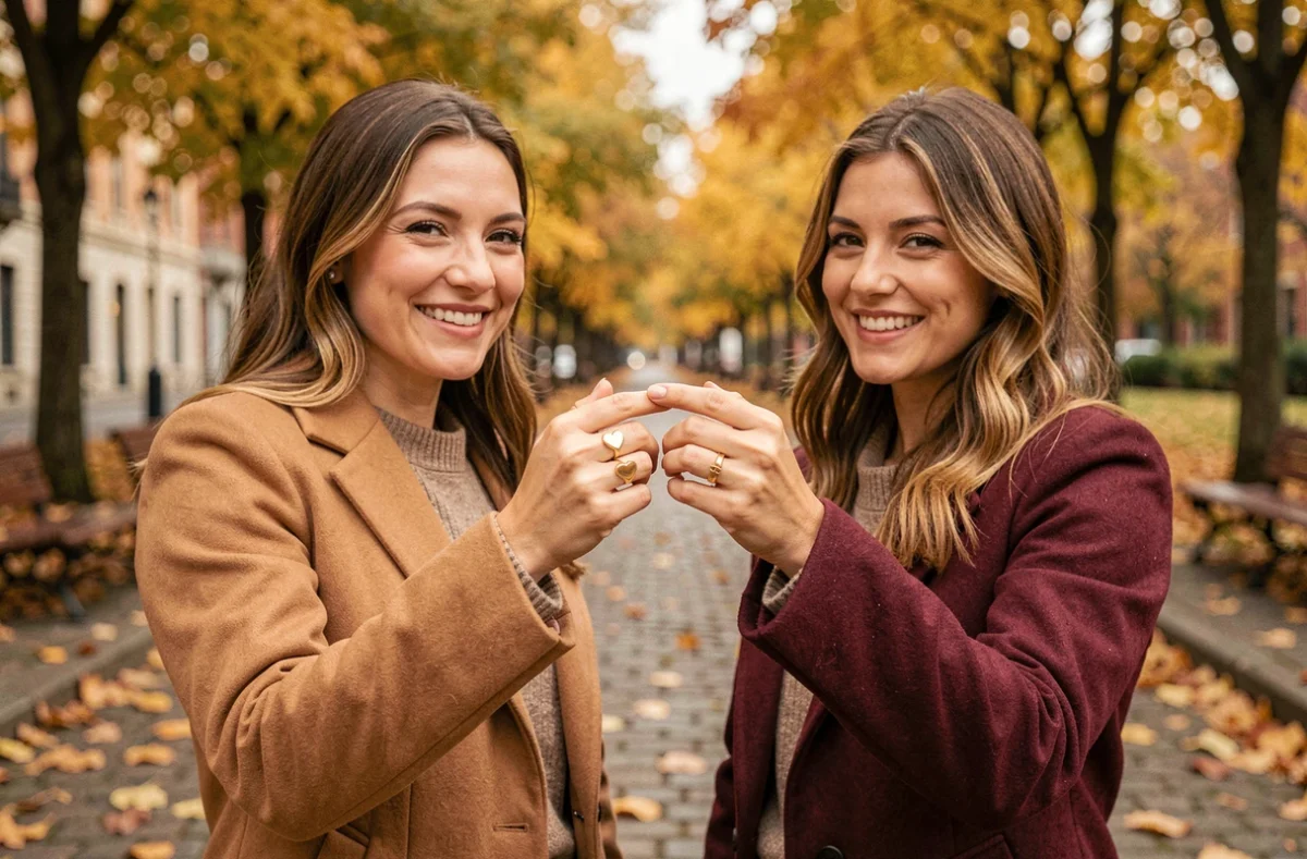 Deux amies dans un parc en automne montrant leurs bagues amitié dorées en forme de cœur, promesse d'éternité entre meilleures amies en plein air