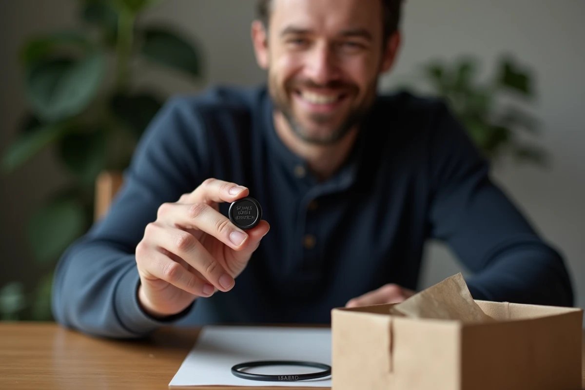Homme examinant une bague chevalière gravée personnalisée reçue en cadeau pour la Saint-Valentin
