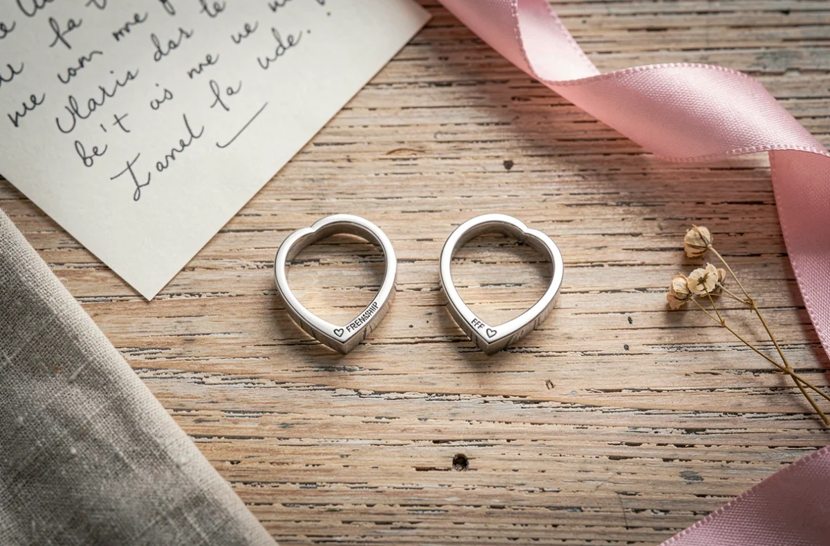 Flat lay de deux bagues amitié en forme de cœur posées sur du bois avec une note manuscrite et des fleurs séchées, bijoux BFF symbole de promesse
