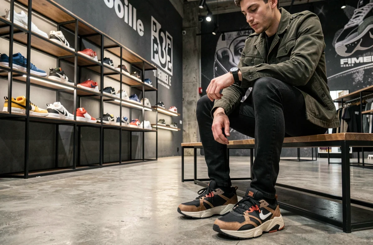 Boutique Basalt à Lille avec des sneakers premium sur des étagères industrielles