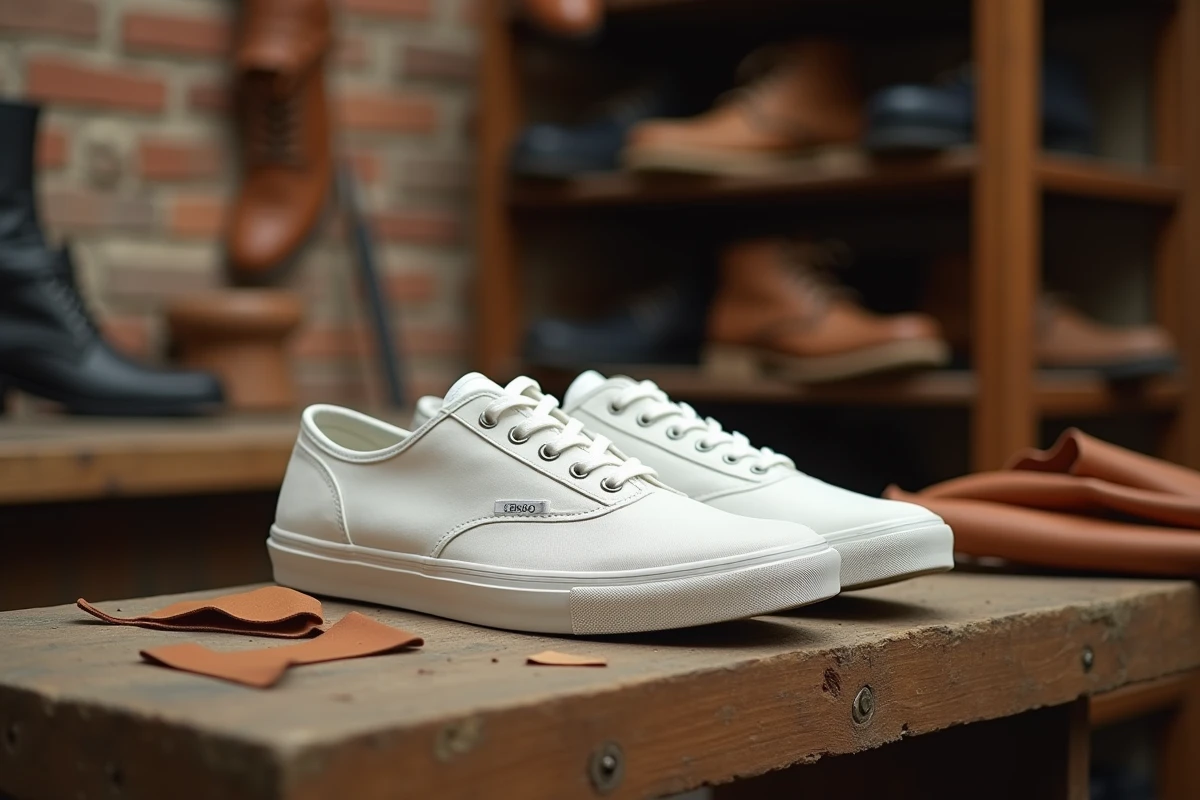 Paire de baskets françaises artisanales en toile blanche posée sur un établi en chêne dans un atelier de cordonnerie lyonnais