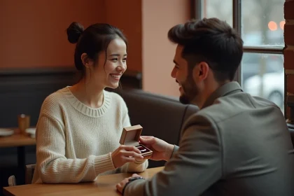 Femme offrant un bracelet gravé personnalisé à son partenaire dans un café cosy pour la Saint-Valentin
