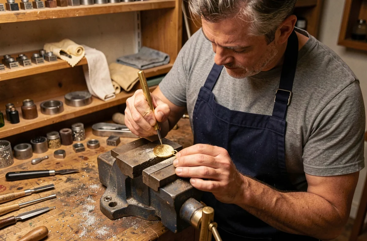 Bijoutier gravant un pendentif en or dans un atelier, technique de gravure artisanale abordable