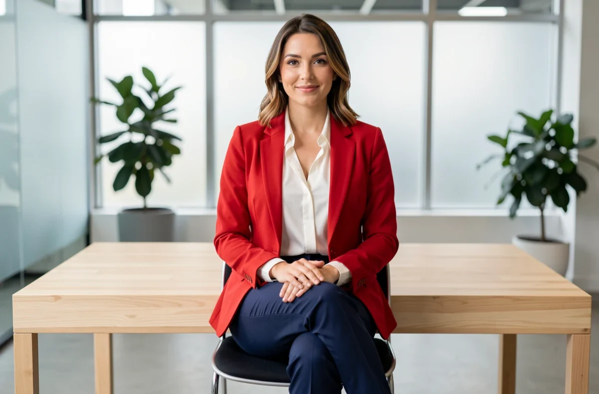 Femme en blazer rouge associé à un chemisier blanc et pantalon bleu marine dans un bureau moderne, couleurs qui vont avec le rouge