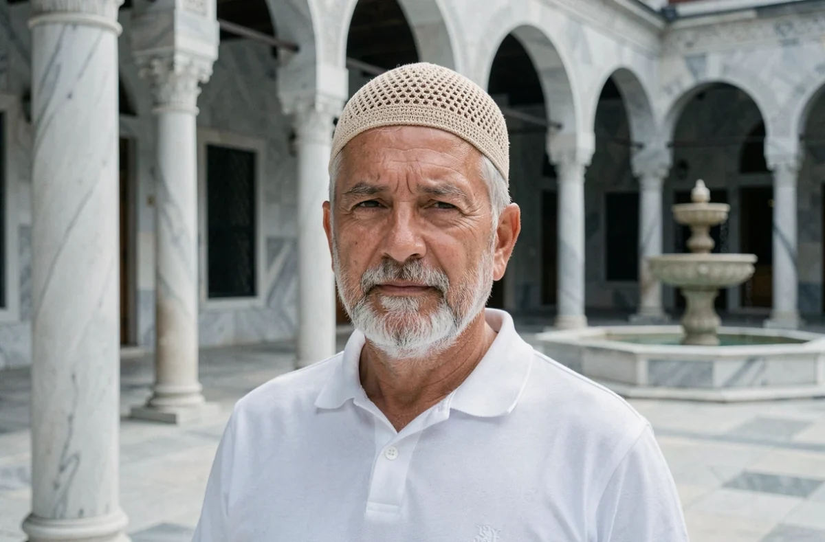 Homme mature portant un bonnet de prière crocheté beige dans une cour de mosquée, illustration du confort et de la respirabilité du chapeau musulman