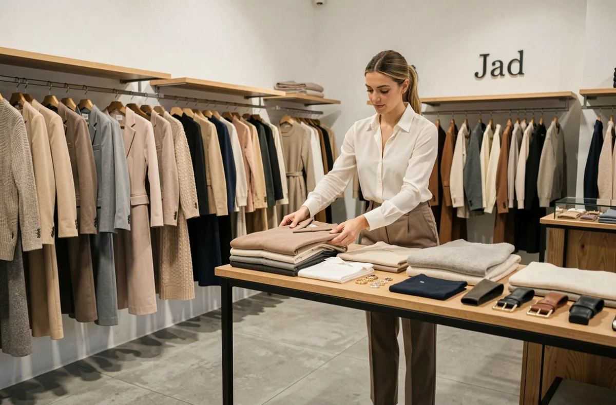 Intérieur de la boutique Jad à Dijon avec des vêtements féminins contemporains soigneusement présentés