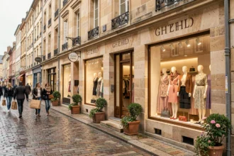 Rue commerçante de Dijon avec des boutiques de prêt-à-porter féminin aux vitrines élégantes