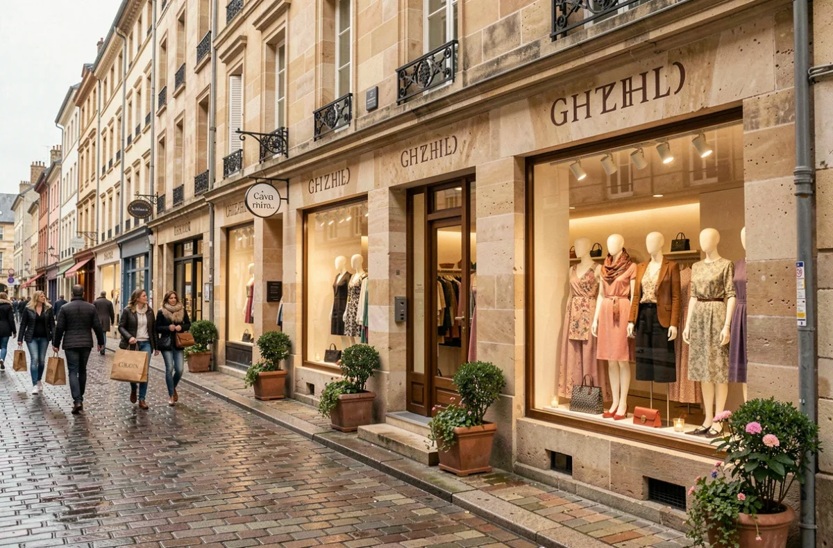 Rue commerçante de Dijon avec des boutiques de prêt-à-porter féminin aux vitrines élégantes