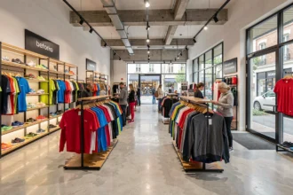 Vue d'ensemble d'une boutique de vêtements de sport moderne en Seine-et-Marne avec des rayons colorés et des clients qui font leurs achats