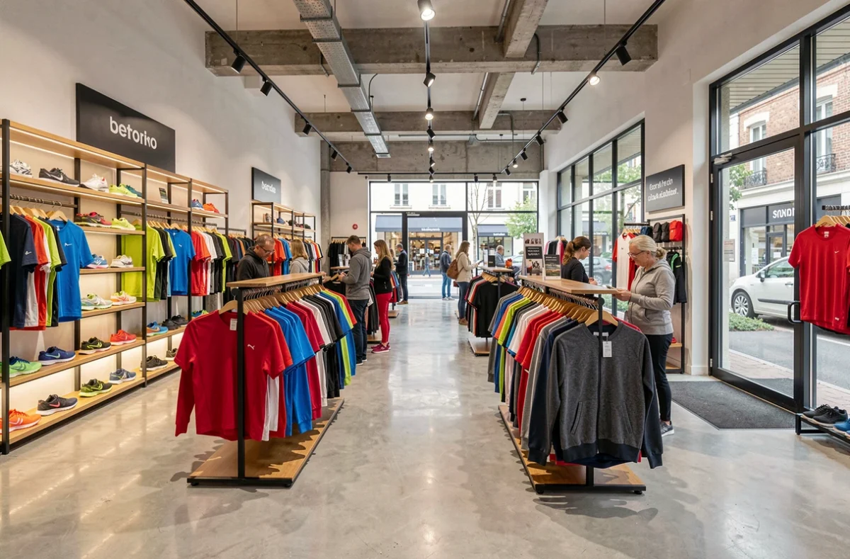Vue d'ensemble d'une boutique de vêtements de sport moderne en Seine-et-Marne avec des rayons colorés et des clients qui font leurs achats