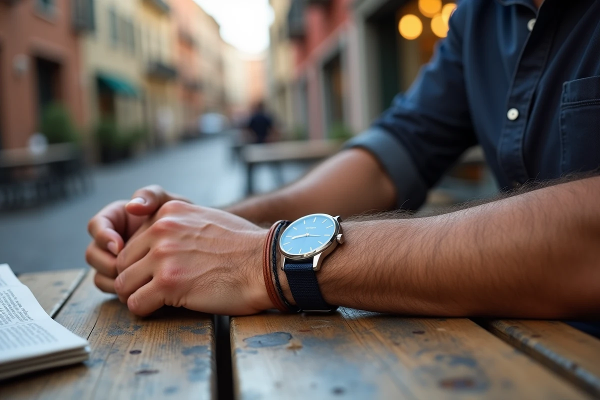Homme portant une montre acier avec bracelet cordon bleu et bracelet cuir sur une terrasse urbaine