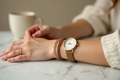 Femme portant une montre et des bracelets cordon superposés sur fond de marbre blanc