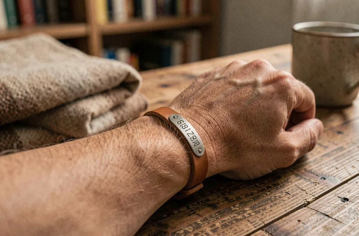 Gros plan sur un bracelet en cuir cognac gravé avec des initiales sur une table en bois rustique