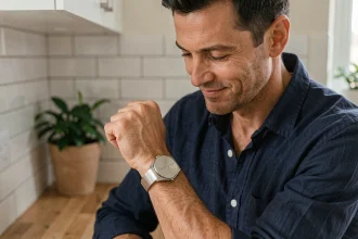 Papa dans la quarantaine admirant son bracelet en acier gravé dans une cuisine moderne en bois clair