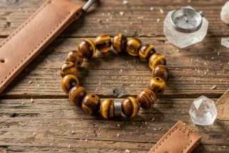 Bracelet homme œil du tigre posé sur une table en bois rustique avec des accessoires minimalistes