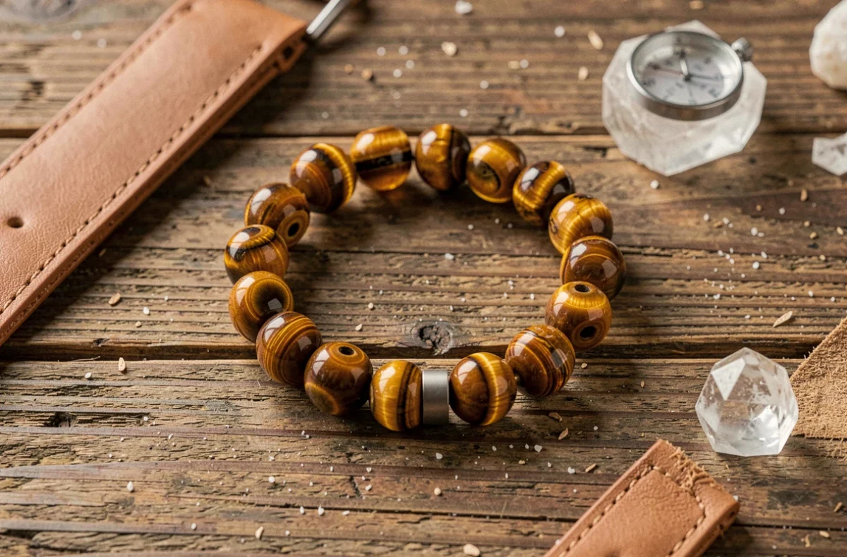 Bracelet homme œil du tigre posé sur une table en bois rustique avec des accessoires minimalistes