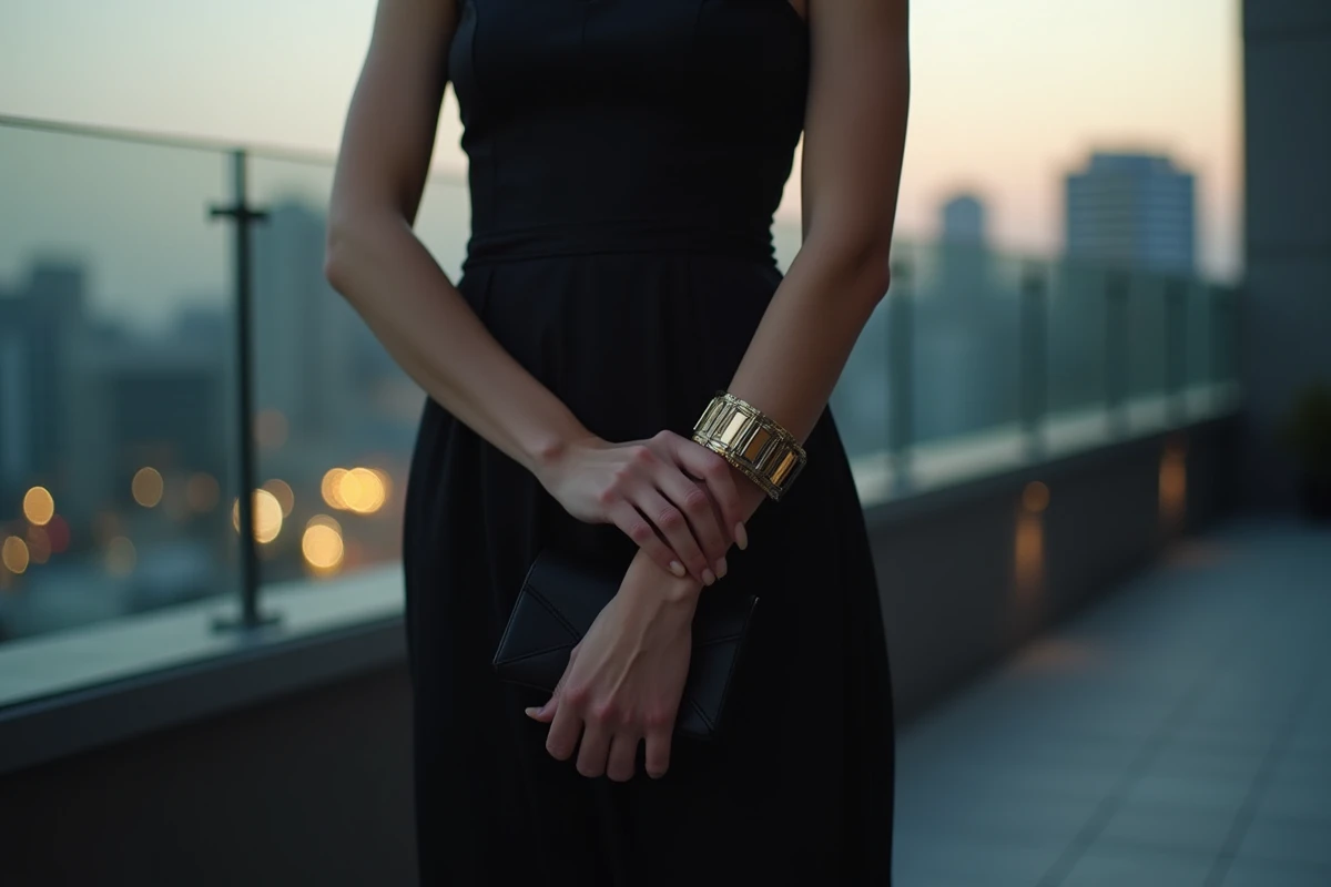 Femme en robe noire bustier avec un bracelet large géométrique sur une terrasse urbaine au crépuscule