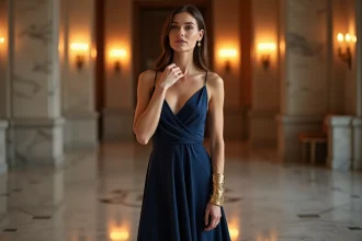 Femme élégante en robe de soirée bleue portant un bracelet large en or dans un cadre luxueux