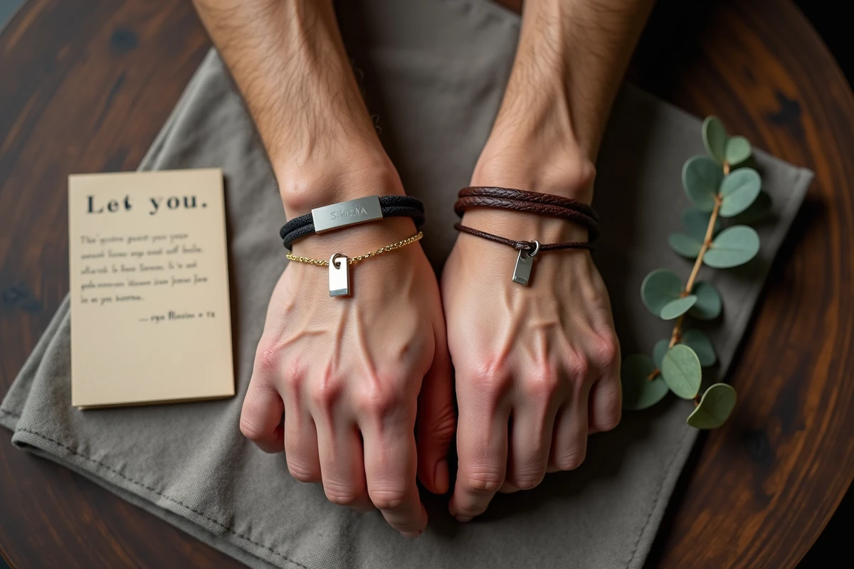 Gros plan de deux bracelets homme personnalisés posés sur un tissu lin avec une carte manuscrite pour la Saint-Valentin