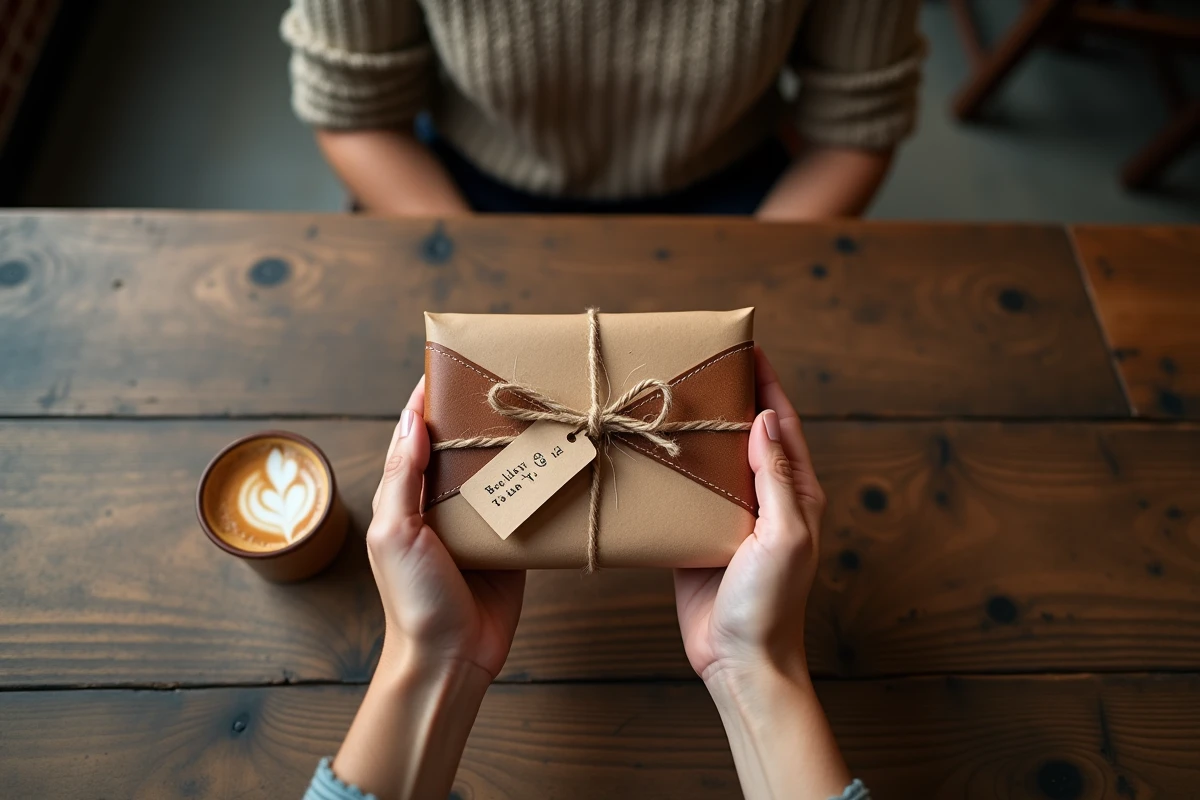 Échange d'un porte-monnaie personnalisé emballé en cadeau sur une table en bois rustique