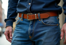 Ceinture en cuir marron sur jean bleu en ville