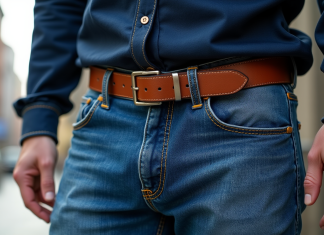 Ceinture en cuir marron sur jean bleu en ville