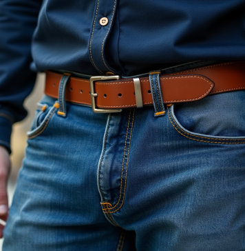 Ceinture en cuir marron sur jean bleu en ville