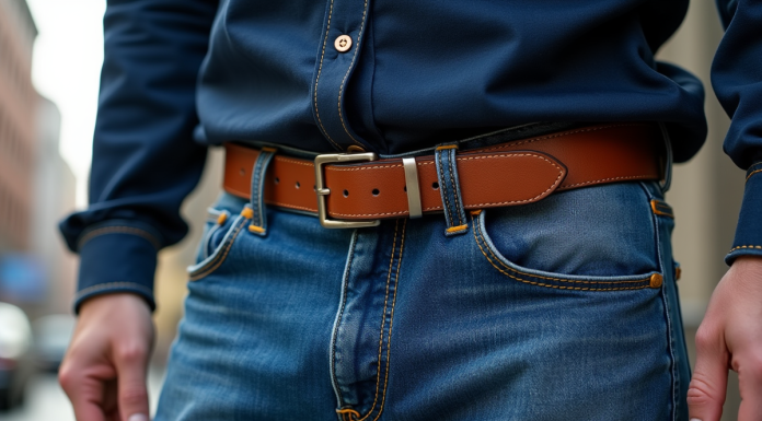Ceinture en cuir marron sur jean bleu en ville