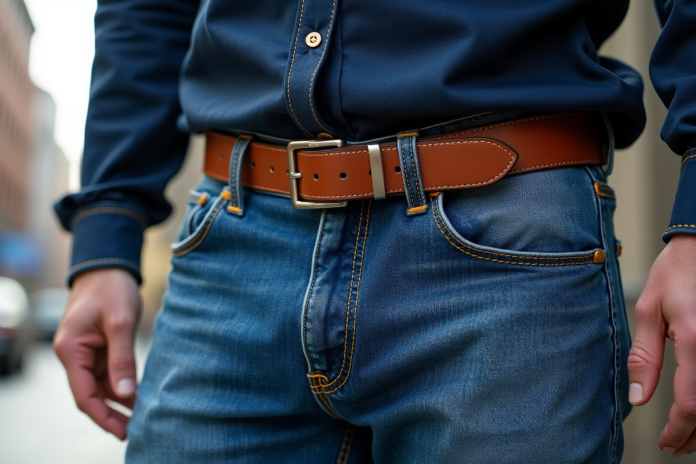 Ceinture en cuir marron sur jean bleu en ville