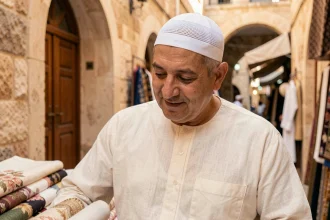 Homme portant un kufi blanc en coton dans un marché traditionnel, illustrant le chapeau musulman pour homme au quotidien
