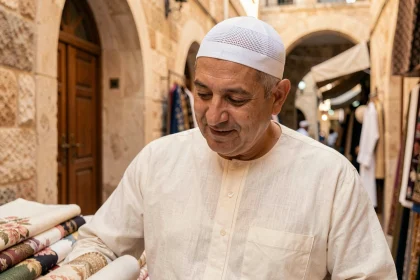 Homme portant un kufi blanc en coton dans un marché traditionnel, illustrant le chapeau musulman pour homme au quotidien