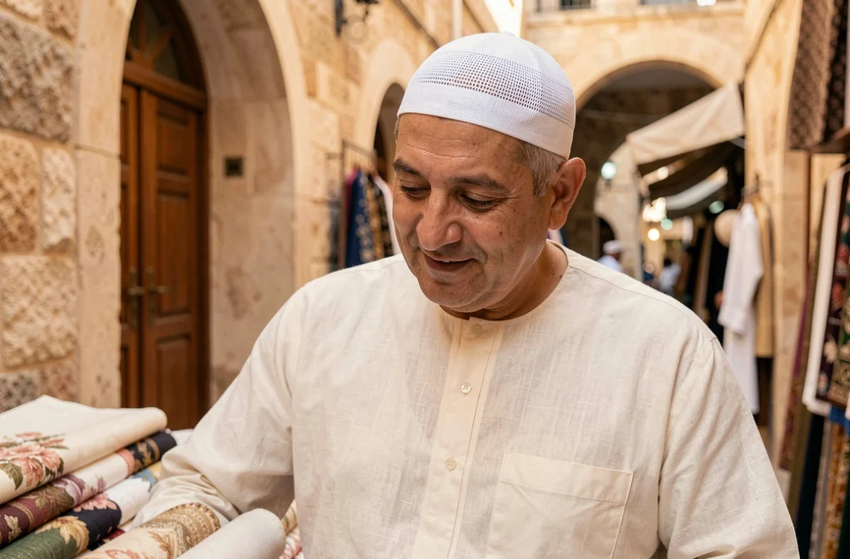 Homme portant un kufi blanc en coton dans un marché traditionnel, illustrant le chapeau musulman pour homme au quotidien
