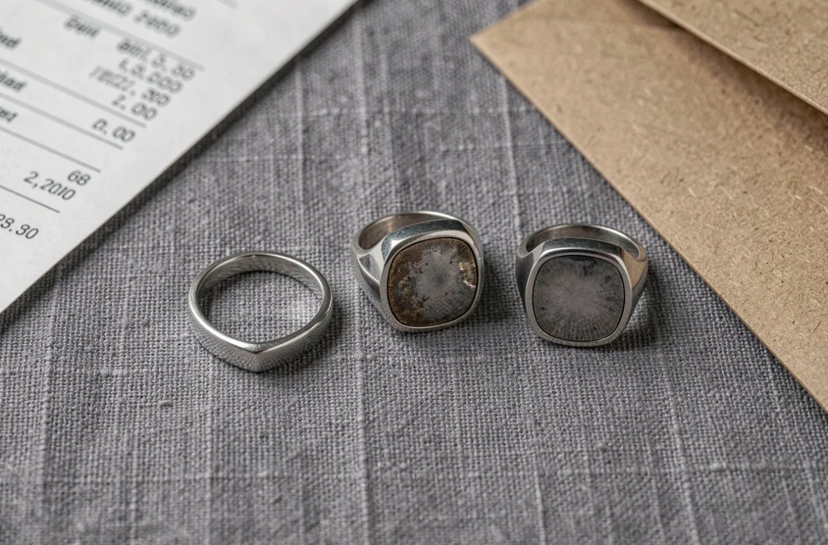 Trois chevalières en argent pour homme disposées en flat lay sur tissu lin gris avec confirmation de commande en ligne visible