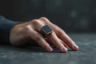 Chevalière homme onyx minimaliste en argent brossé portée sur une main masculine posée sur béton gris