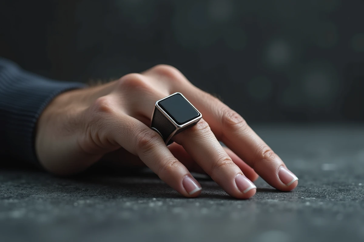Chevalière homme onyx minimaliste en argent brossé portée sur une main masculine posée sur béton gris