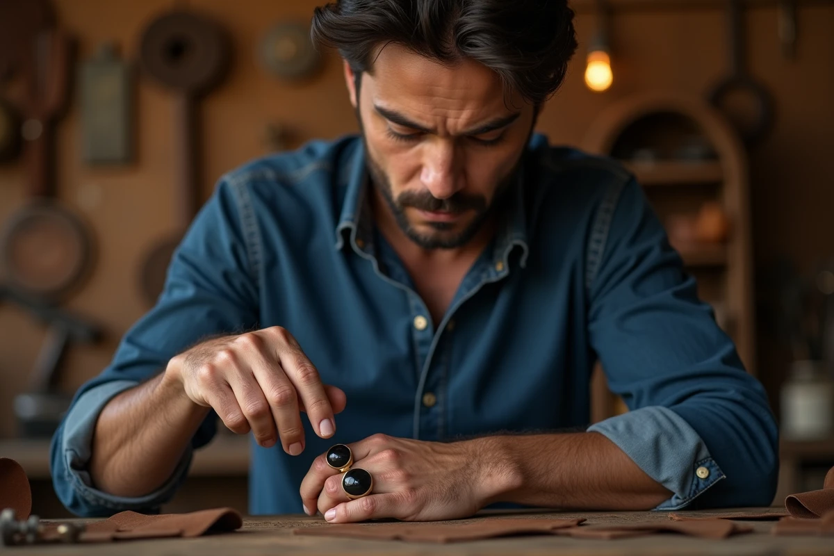 Homme portant une chevalière onyx vintage dans un atelier artisanal en bois et cuir